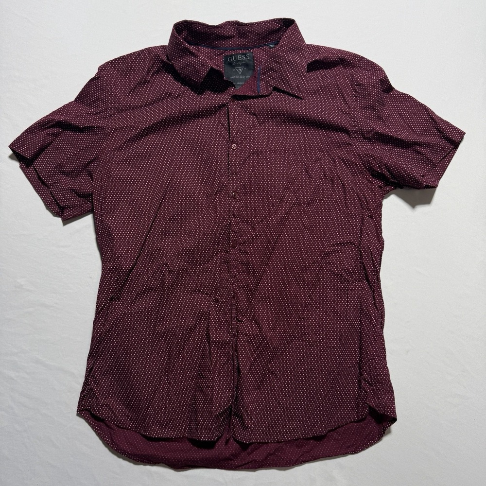 Guess Los Angeles Short Sleeve Button Up Shirt XXL Burgundy Polka Dot Cotton